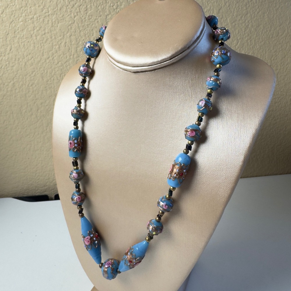 Vintage Glass Bead Necklace Blue Venetian  Candle wick artistry 21.5" 1970's